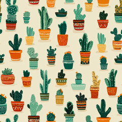 Mexican Cactus Pattern – Seamless Vector Design with Colorful Potted Cacti