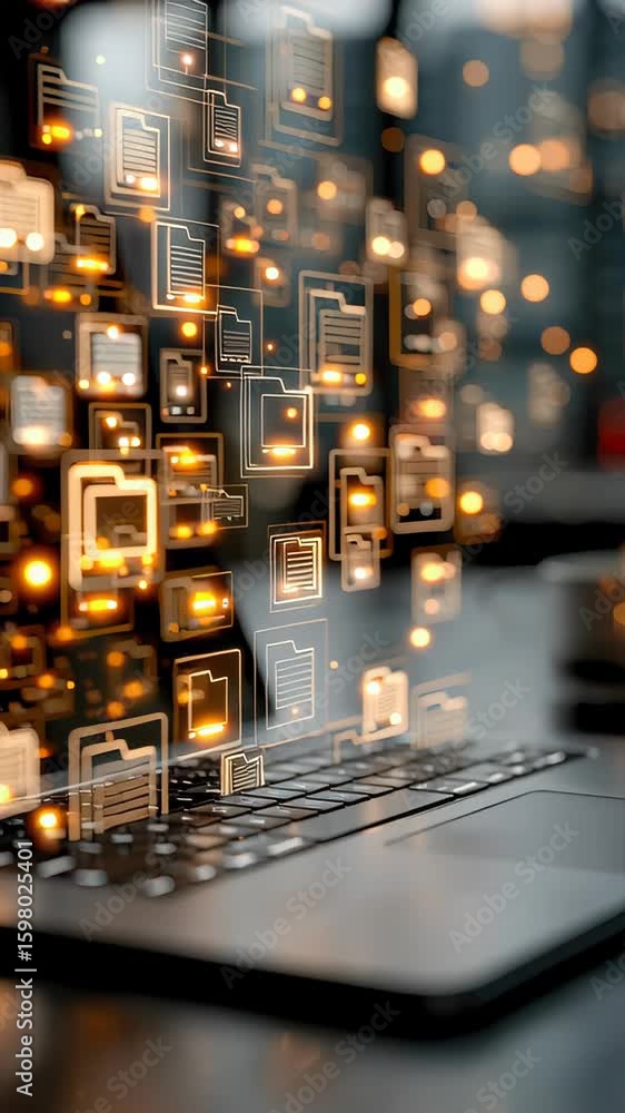 Poster futuristic digital interface showing glowing document icons hovering above a laptop in a modern work