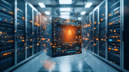 A futuristic data center with glowing servers and a digital halo.  The room features a blurred background - Powered by Adobe