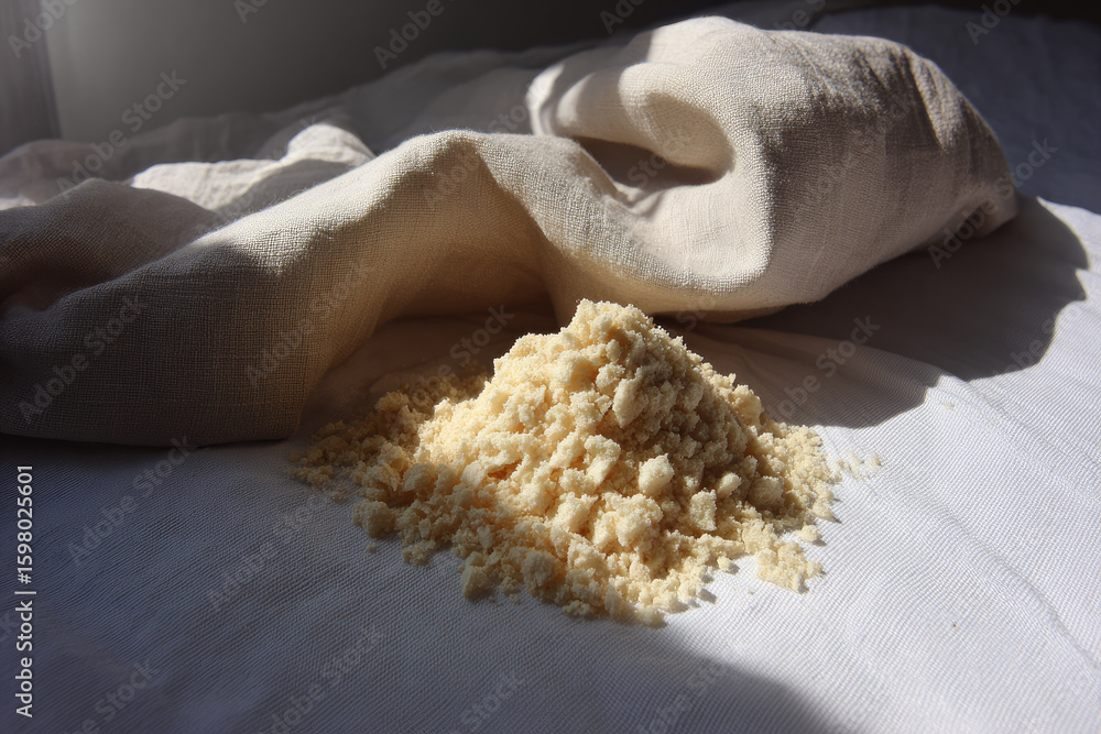 Poster soft bread crumb pile on white linen fabric in natural sunlight, creating cozy and rustic atmosphere