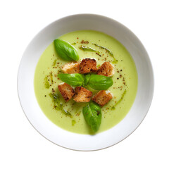 Creamy Green Soup with Croutons and Basil,