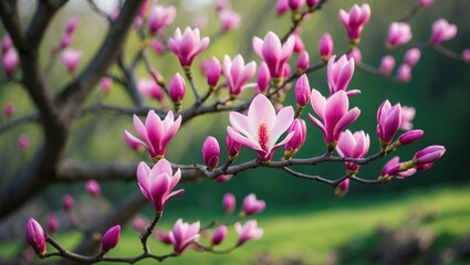 Fototapeta premium Magnolia branch with pink blossoms in bloom during springtime, showcasing vibrant flowers on a tree.