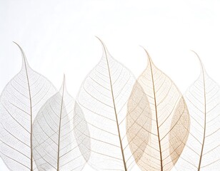 Elegant minimalist composition of delicate, translucent skeleton leaves on a bright white background, symbolizing uniqueness and fragility.