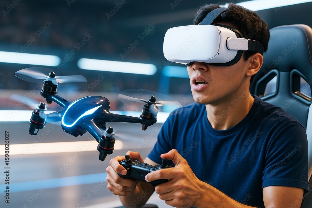 Poster man using vr headset to control flying drone with joystick in futuristic setting with glowing lights