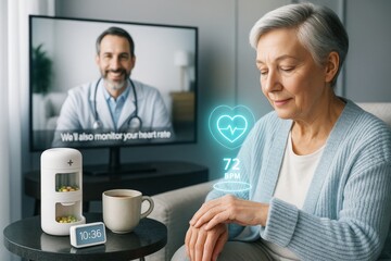 Obraz premium Elderly woman using health monitoring technology at home with virtual doctor on screen and digital heart rate display in bright setting. Ai generative