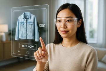 Woman using futuristic smart glasses to shop online via virtual display, touching digital interface with floating denim jacket on screen in room. Ai generative