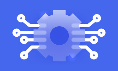 Transparent gear with microcircuits glass morphism icon on blue. Digital smart technology sign