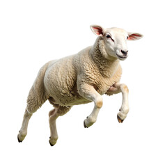 A fluffy white sheep jumping with joy isolated on transparent background