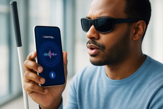 Visually impaired man using voice assistant on smartphone, demonstrating assistive technology in modern light background environment. Ai generative