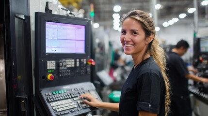 Woman operating machinery in modern factory showcasing technical skill and teamwork during a busy workday