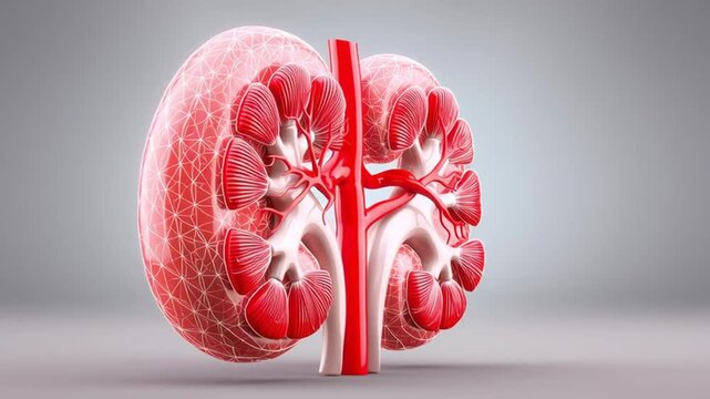 Kidney anatomy showing artery and vein with red and white internal organ structures, detailed medical vascular system illustration, healthy organ model with intricate anatomical vascular network