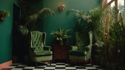 Emerald green corner room with lush plants and wingback chairs