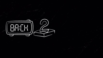Funny animated "Back 2 school" text drawn in white chalk on a transparent background with scratchy blackboard texture. Words appear on clock, books, and bus. Hand-drawn, wiggly, primitive style. - Powered by Adobe
