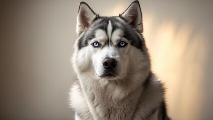 Fototapeta premium Husky dog with blue eyes and fluffy fur looking at the camera on a neutral background.