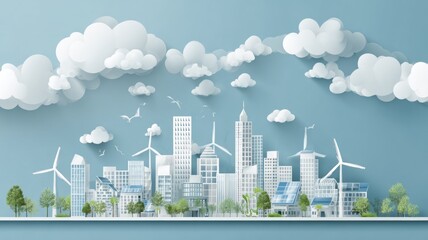 Eco-friendly city under a healthy ozone layer, clear skies, solar panels, wind turbines, environmental protection theme