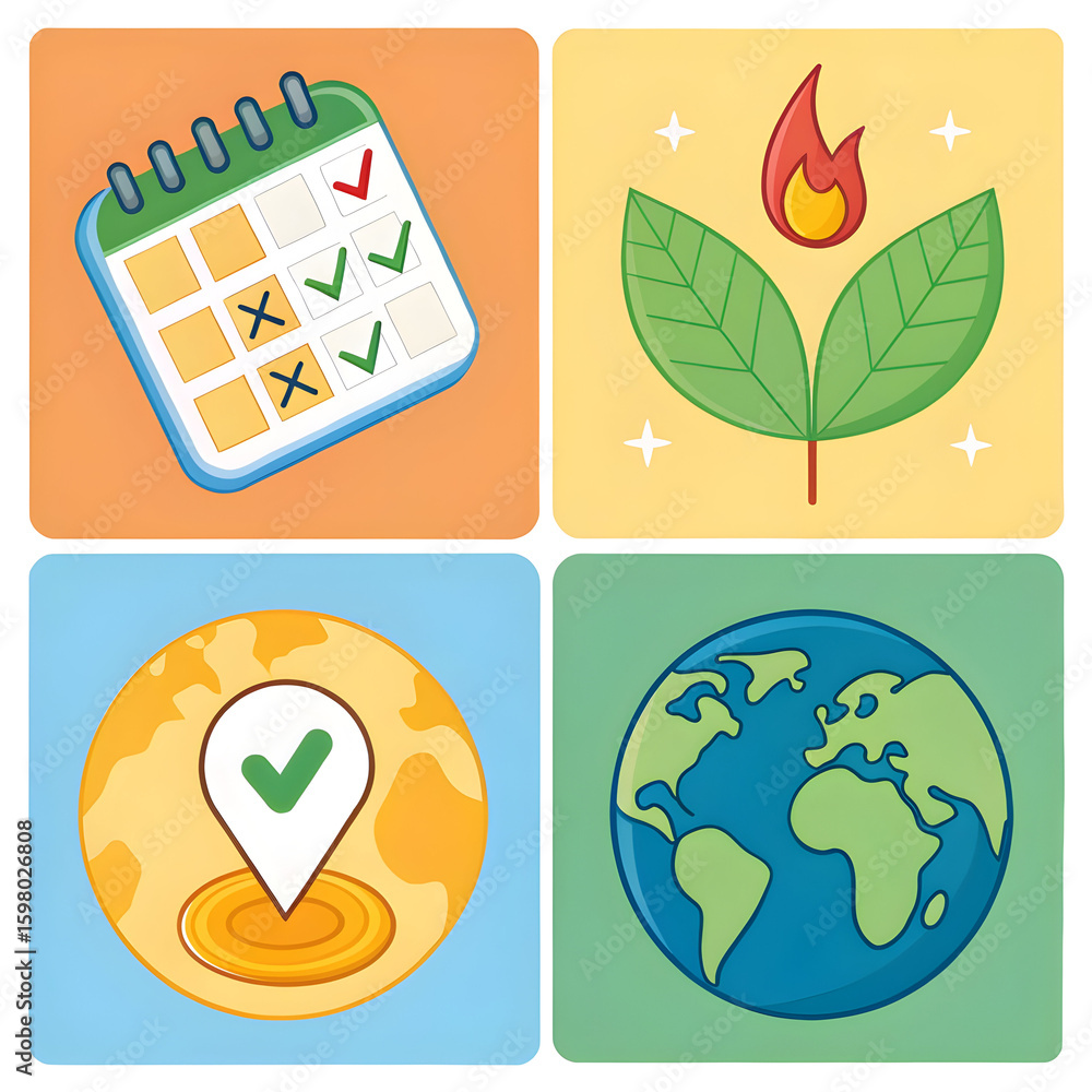 Aufkleber four square icons showing a calendar with checkmarks a plant with fire a location pin on a coin and 