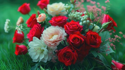 A bouquet of red roses and white flowers placed on green grass.