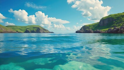 Scenic view of a river or lake with green hills and mountains under a partly cloudy sky.