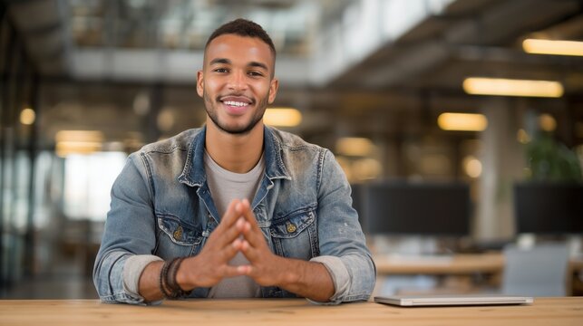 Confident African American man in denim jacket sits at a wooden table, smiling warmly, with a modern office environment in the background, showcasing a professional atmosphere
