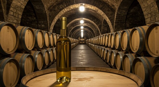 Wine bottle on barrel in wine cellar storage aging for alcohol drink production