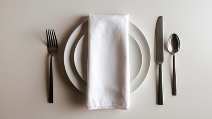 A table setting with a fork, knife, spoon, white napkin, and plates arranged on a light background.