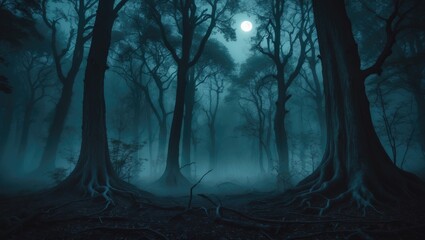 Obraz premium A dark forest scene illuminated by the moonlight, with tall trees and mist creating a mysterious atmosphere.