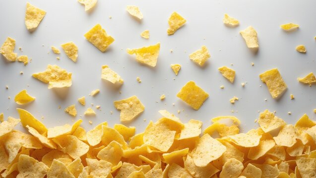 Broken potato chips on a light background