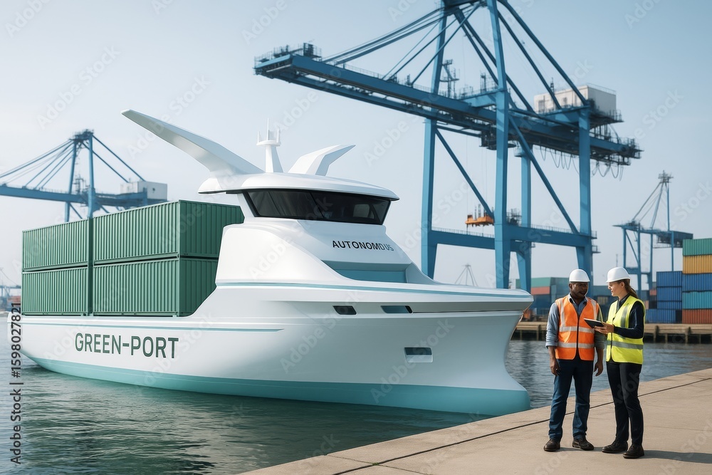 Aufkleber futuristic autonomous cargo ship docked at modern port with shipping containers and engineers discus