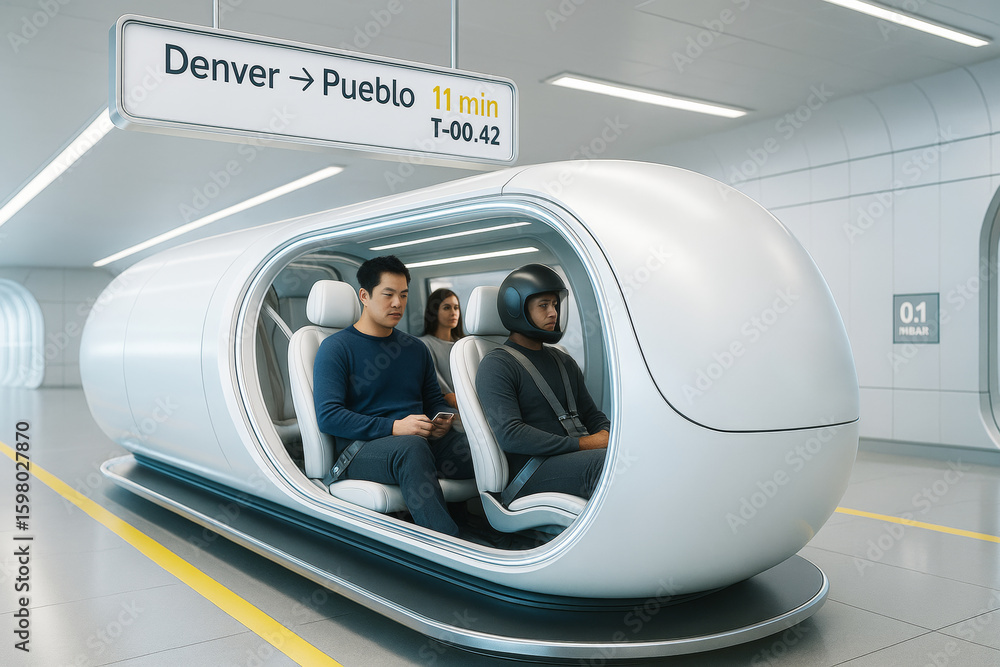 Poster futuristic passenger transport pod in high-speed transit station with digital sign showing route and