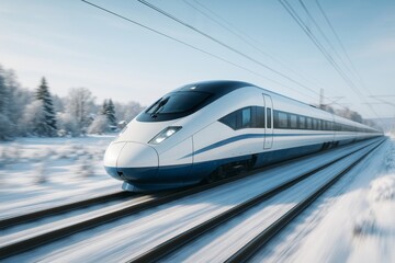 Fototapeta premium Futuristic high-speed train traveling through snowy landscape with motion blur, emphasizing speed and modern transport concept in winter light. Ai generative