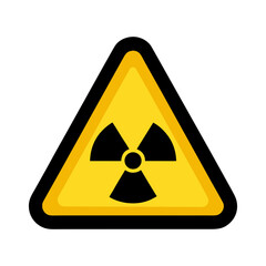 Yellow radiation hazard warning sign with black symbol inside a triangular shape on white background