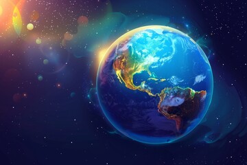 Obraz premium Ozone layer illustration with atmosphere layers labeled, UV protection concept, glowing Earth from space, educational vector design