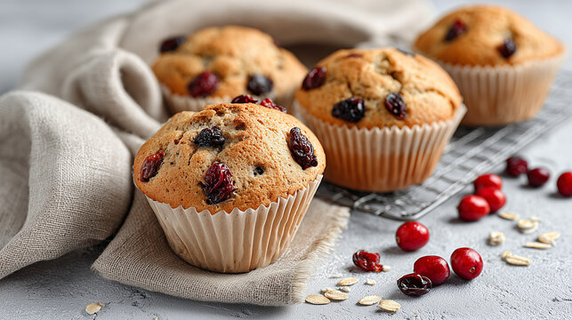 Fresh vegan cranberry oat muffins cooling on wire rack with scattered ingredients. Healthy homemade bakery treats with dried cranberries and oats for breakfast. - Powered by Adobe