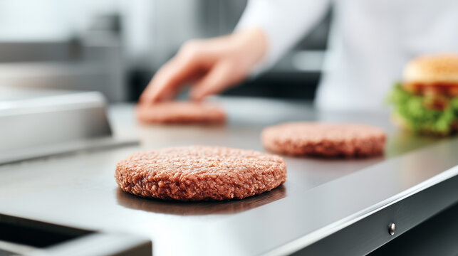 Raw beef patties on stainless steel counter in commercial meat processing facility. Professional food production kitchen preparing burger patties