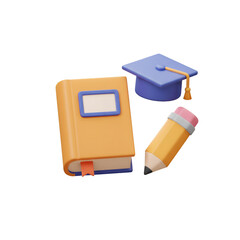 3D Illustration Orange Book Blue Cap With Pencil