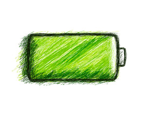 Hand-Drawn Battery Icon Fully Charged with Sketch Lines, Green Fill, and Rough Texture, Slightly Tilted Angle, Isolated on Transparent Background