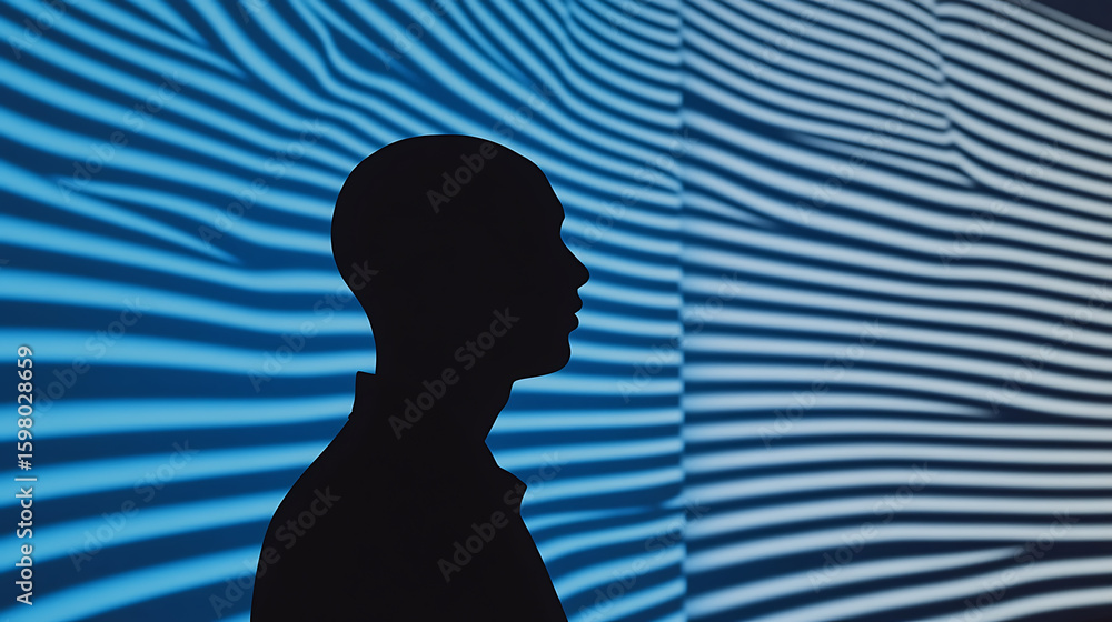 Poster silhouetted figure against a blue striped background, creating a striking and contemplative image. t