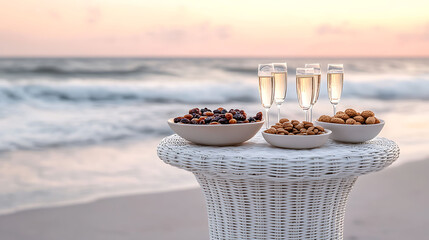 A small white wicker table with champagne glasses and bowls of mixed nuts and dried fruit, overlooking gentle waves and a dusty pink sunset