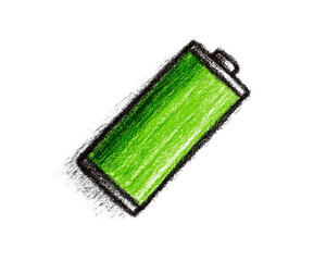 Hand-Drawn Battery Icon Fully Charged with Sketch Lines, Green Fill, and Rough Texture, Slightly Tilted Angle, Isolated on Transparent Background