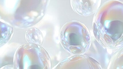 Naklejka premium Floating Luminous Spheres with Iridescent Reflections on Soft White Background