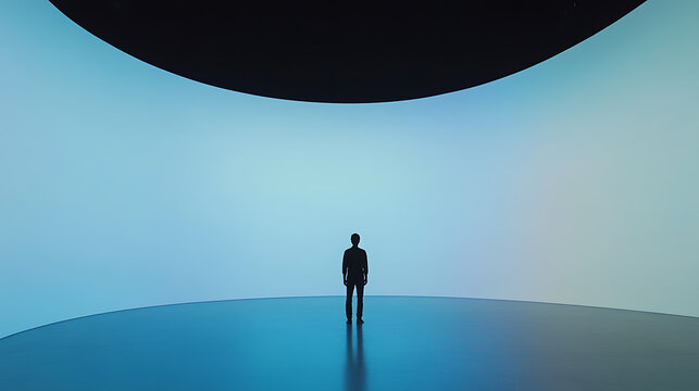 Figure in an immersive exhibit space. Dark silhouette against a blue screen, on a curved reflective surface.  Emptiness and introspection.