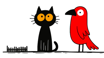 Fairy tale, black cats, birds, forest spirits, isolates, vector graphics, colored icons for children, white background, Red World style. Editable line icons. Vector illustration.