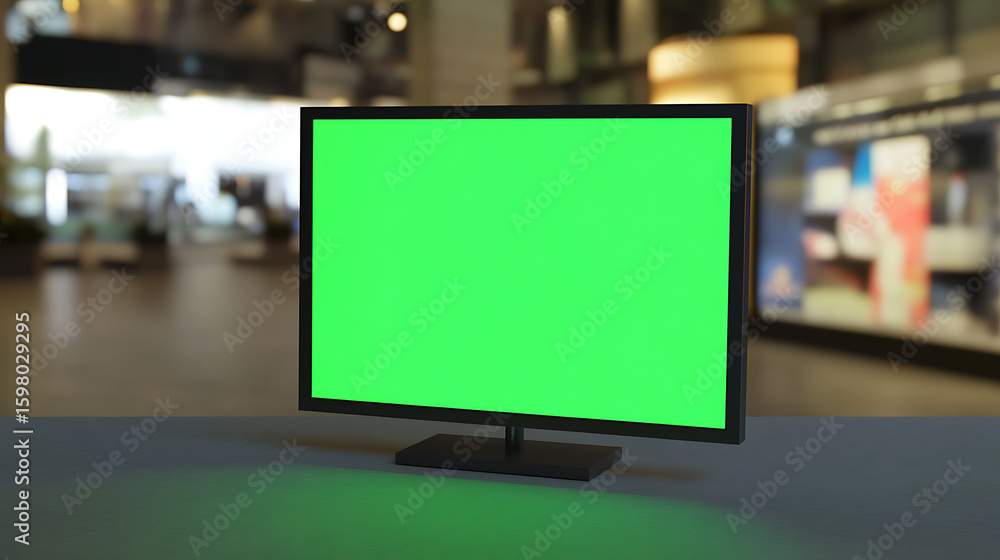 Fototapete green screen display: mockup of a modern flat screen television set with bright green screen, perfec