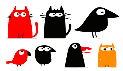 Fairy tale, black cats, birds, forest spirits, isolates, vector graphics, colored icons for children, white background, Red World style. Editable line icons. Vector illustration.