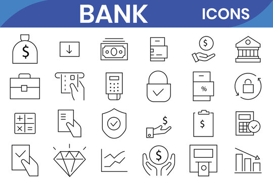 Bank icon set. Containing wallet, online banking, savings, loans, ATM, mortgage, investment, banger and more. Line vector icons collection.