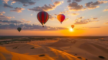 Colorful hot air balloons float over the golden sand dunes of Mui Ne at sunset. This breathtaking view.