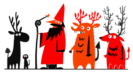 Fairy tale, sorcerer, forest spirits, isolates, vector graphics, colored icons for children, white background, Red World style. Editable line icons. Vector illustration.