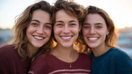 Sunflare embrace of three teenage girls smiling together