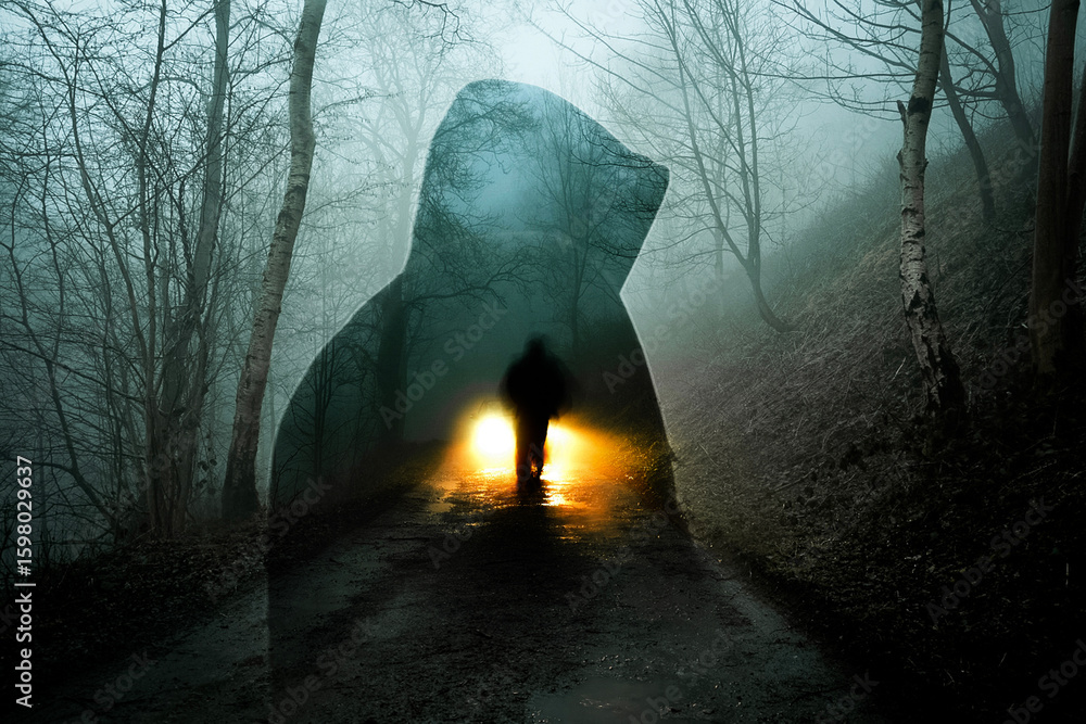 Poster a horror edit of a double expsoure of a ghost like figure. with a blurred ghost figure in front of c