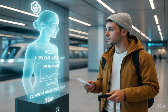 Futuristic travel assistant hologram guiding young male traveler in modern station with bright lighting and sleek technology concept background. Ai generative